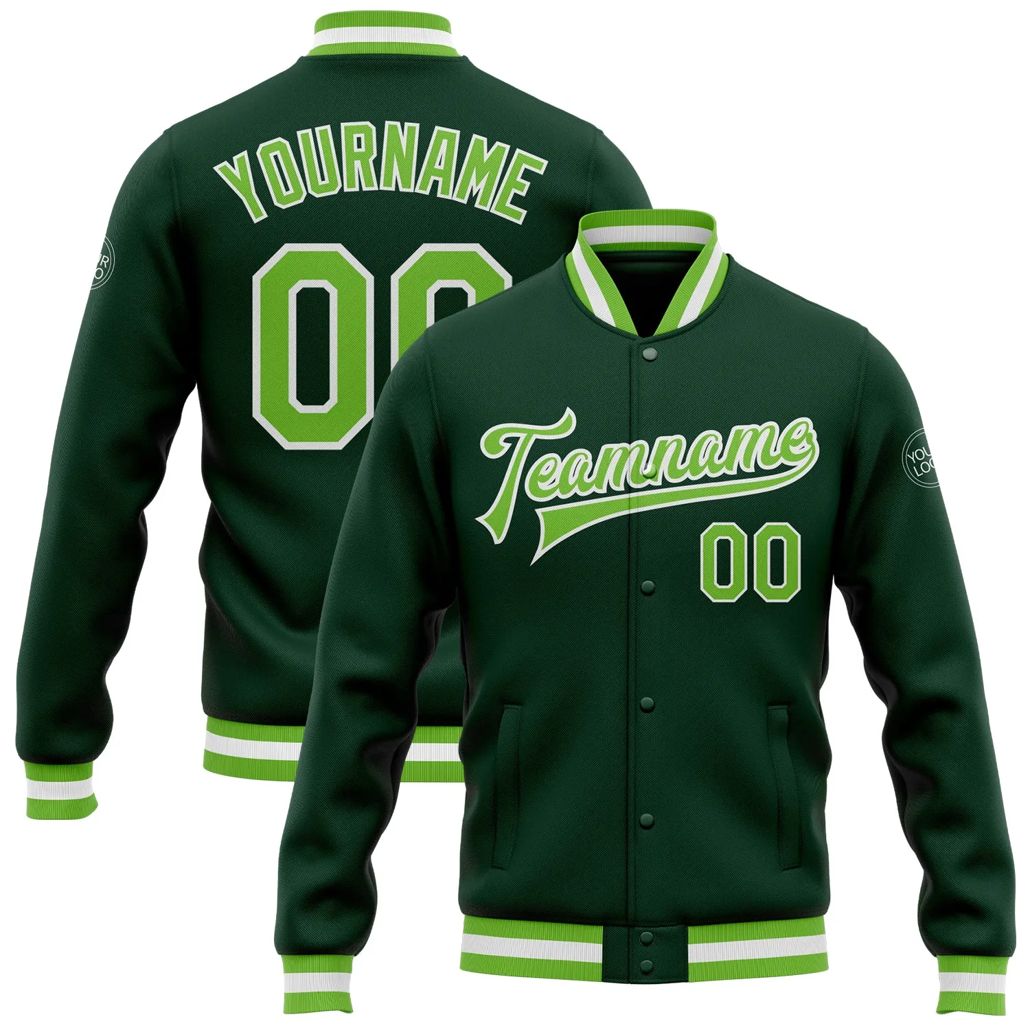 Custom Green Neon Green-White Bomber Full-Snap Varsity Letterman Jacket