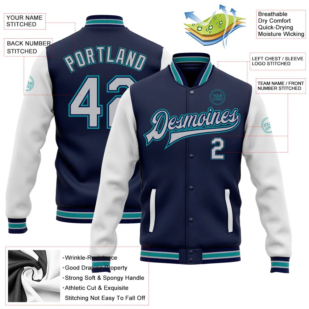 Custom Navy Gray White-Teal Bomber Full-Snap Varsity Letterman Two Tone Jacket