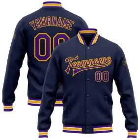 Custom Navy Purple-Gold Bomber Full-Snap Varsity Letterman Jacket