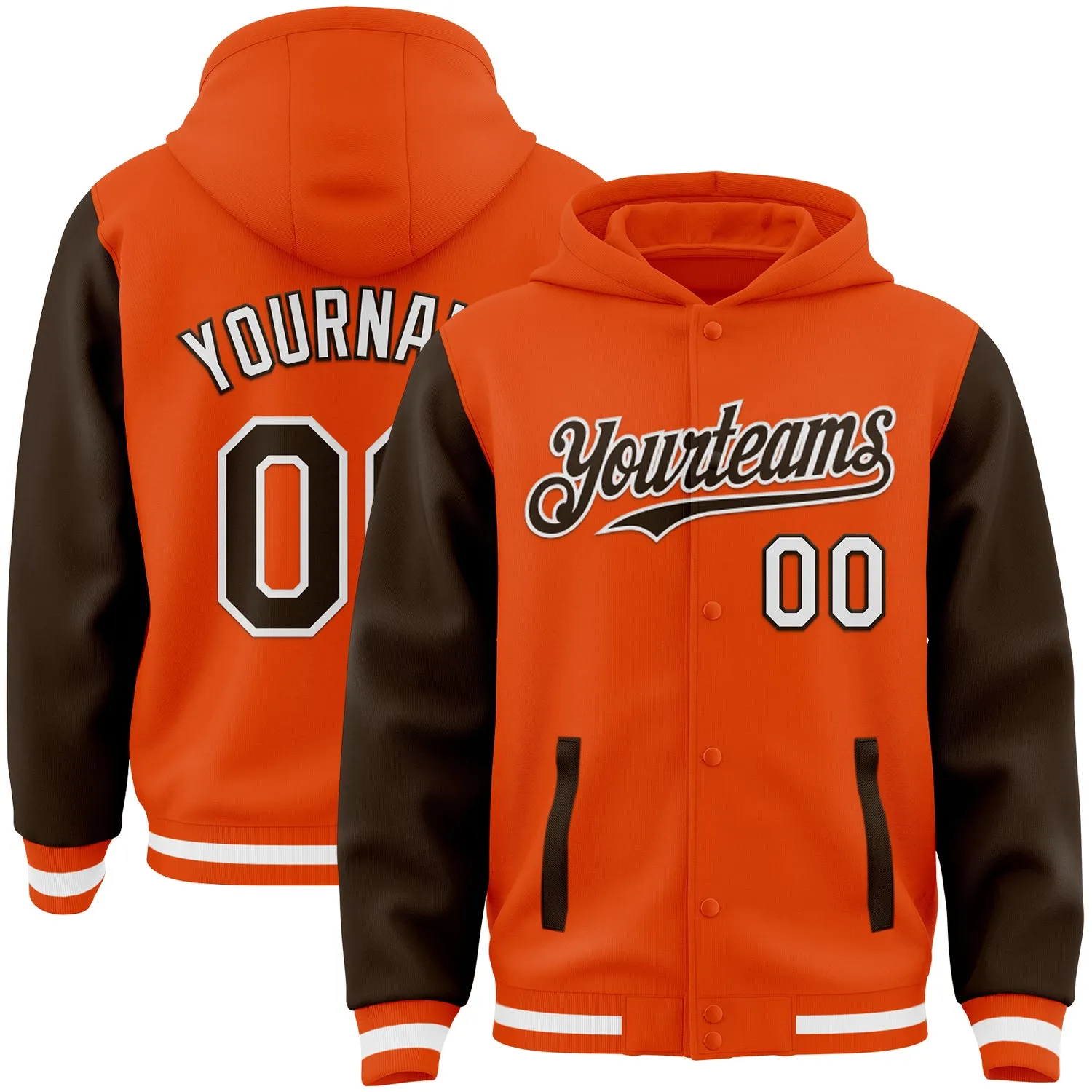 Custom Orange Brown-White Bomber Full-Snap Varsity Letterman Two Tone Hoodie Jacket