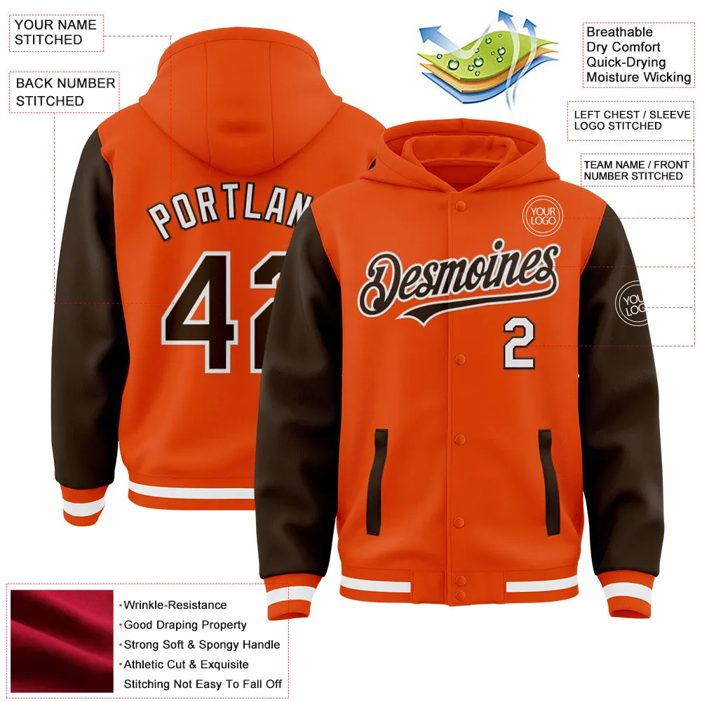 Custom Orange Brown-White Bomber Full-Snap Varsity Letterman Two Tone Hoodie Jacket