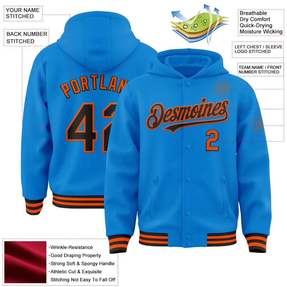 Custom Powder Blue Black-Orange Bomber Full-Snap Varsity Letterman Hoodie Jacket