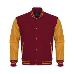 Custom Varsity Jackets Maroon Body and Gold Leather Sleeves Varsity Jacket