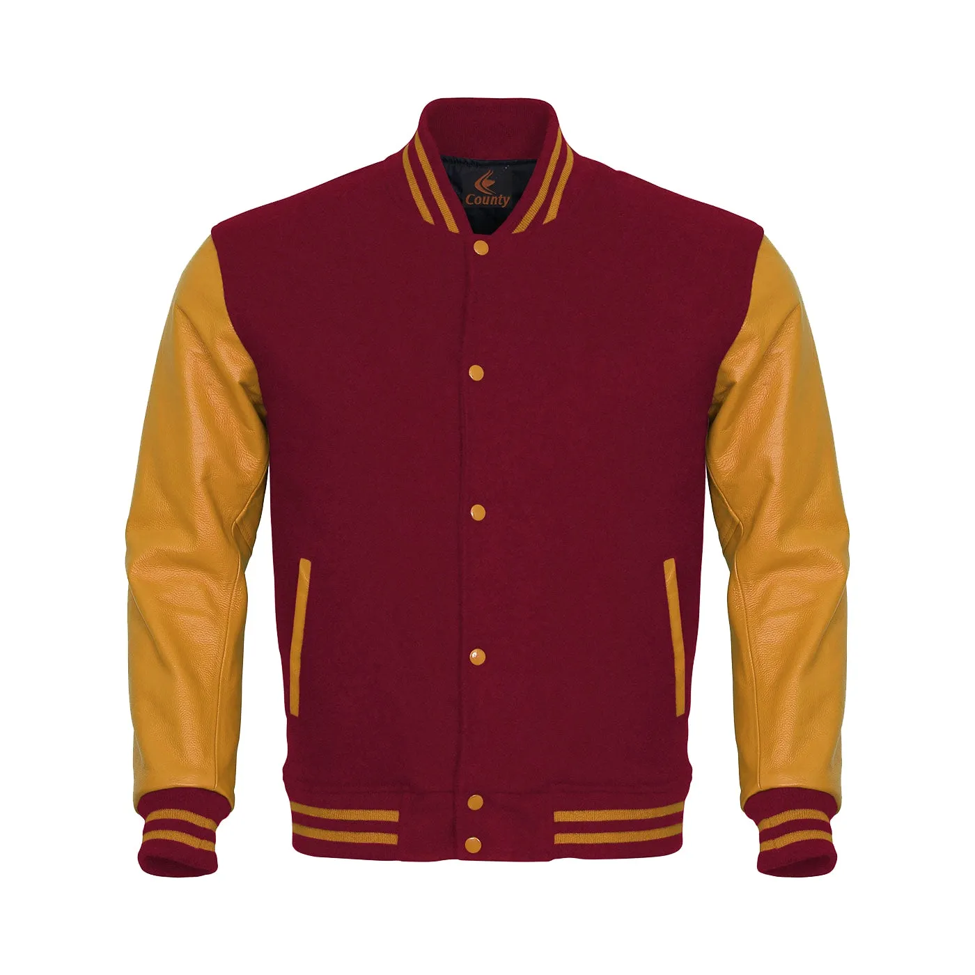 Custom Varsity Jackets Maroon Body and Gold Leather Sleeves Varsity Jacket