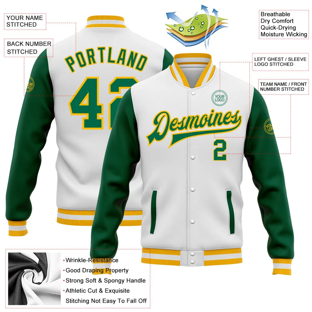 Custom White Kelly Green-Gold Bomber Full-Snap Varsity Letterman Two Tone Jacket