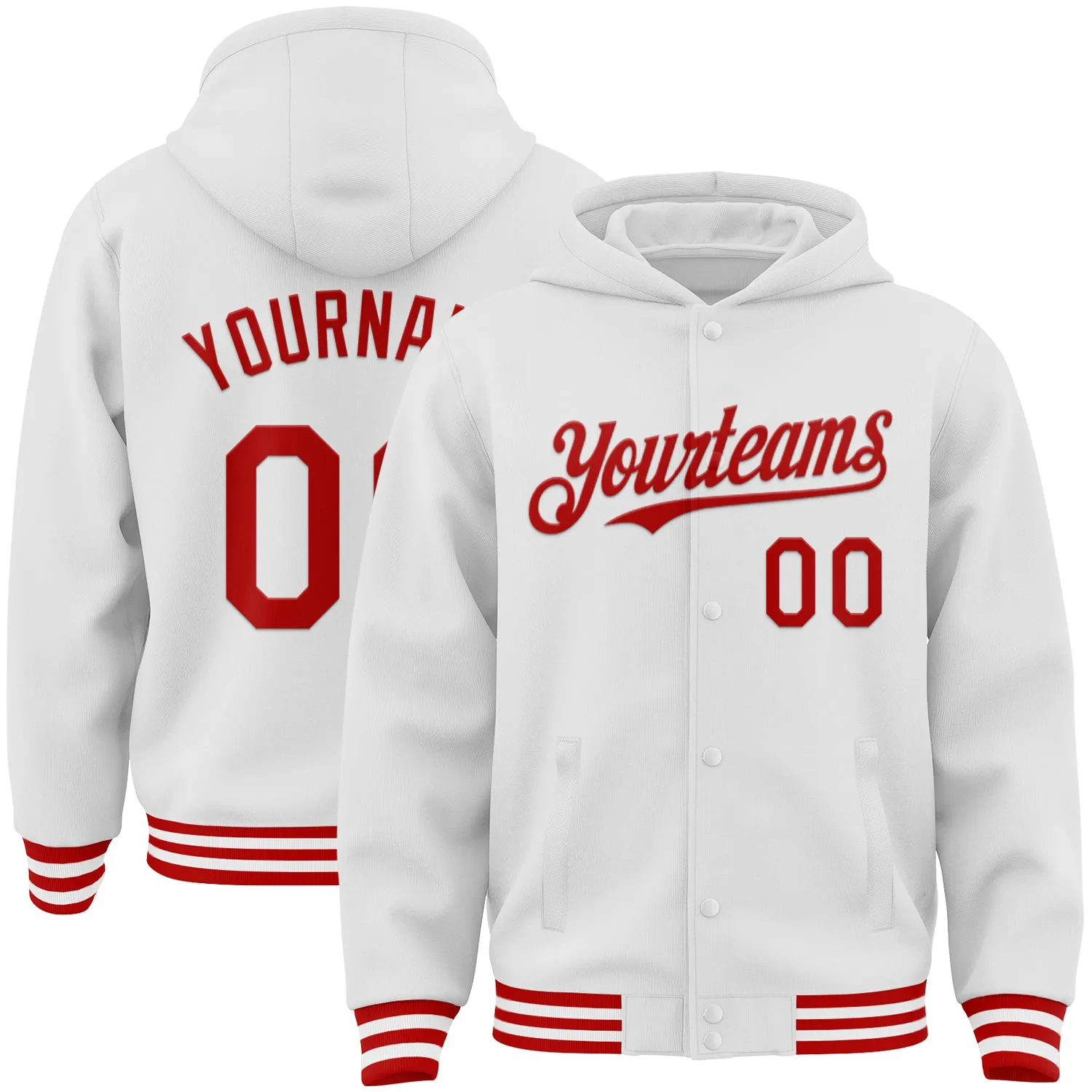 Custom White Red Bomber Full-Snap Varsity Letterman Hoodie Jacket