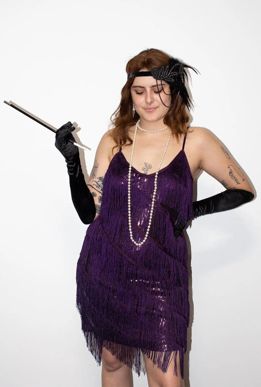 Dark Purple Diagonal Fringe Sequined Flapper Dress