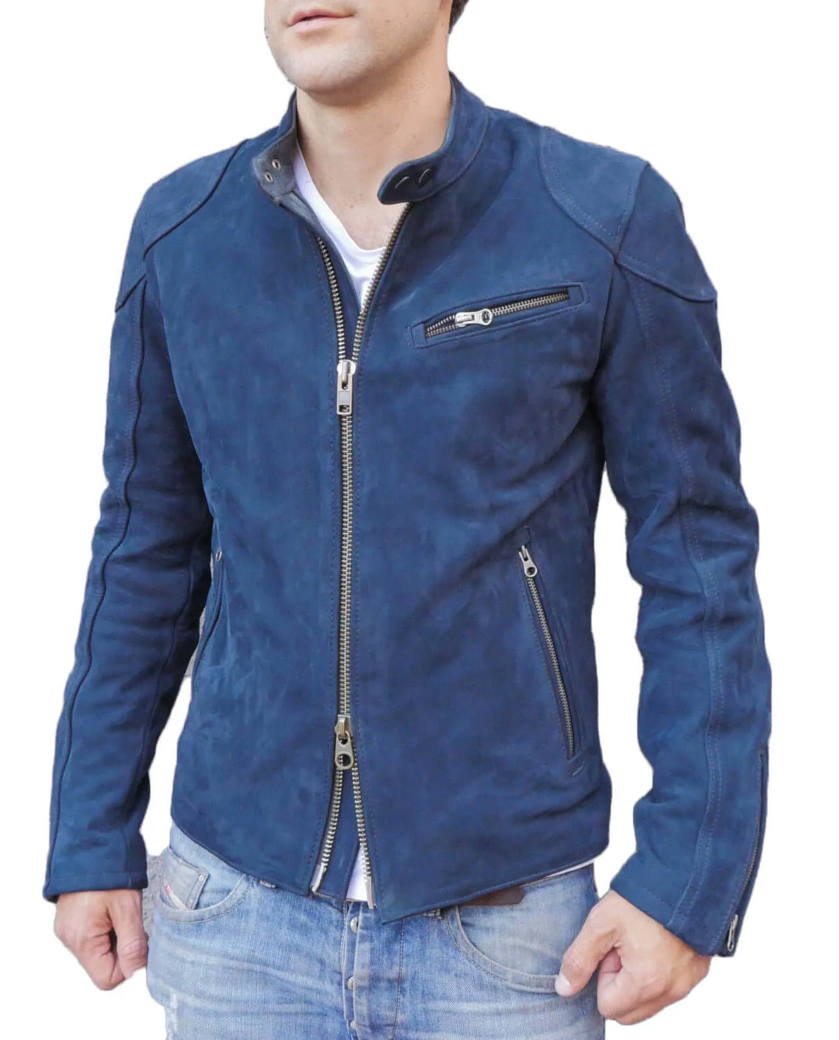 Designer Motorcycle Blue Fashion Suede Leather Jacket For Stylish Looking Men's