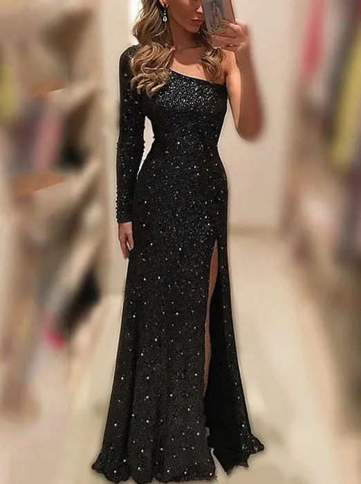 Elegant One-Shoulder Long Sleeve Spilt Sequined Black Evening Dress OP862