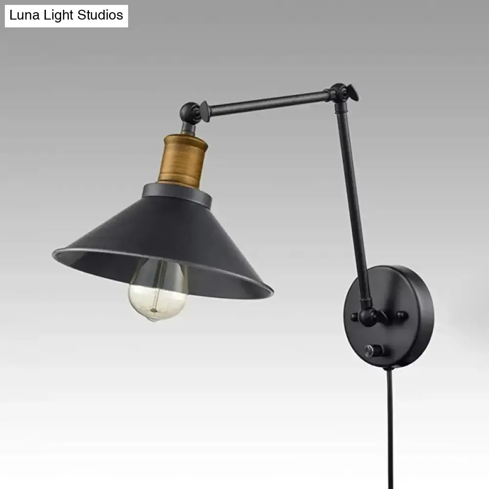 Farmhouse Cone Metal Wall Light - Swing Arm Wall Mounted Lamp (1 Head), Black - with/without Plug