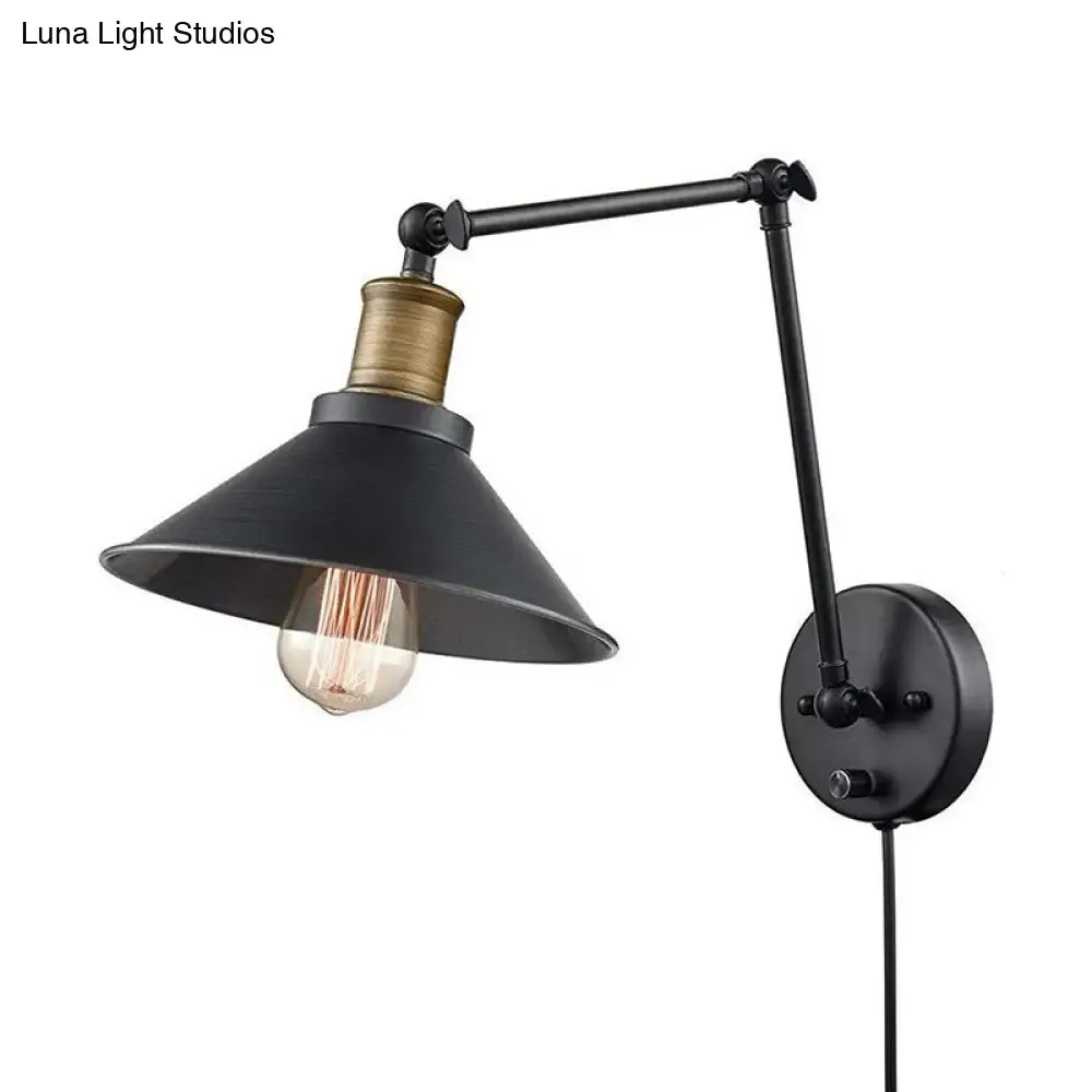 Farmhouse Cone Metal Wall Light - Swing Arm Wall Mounted Lamp (1 Head), Black - with/without Plug