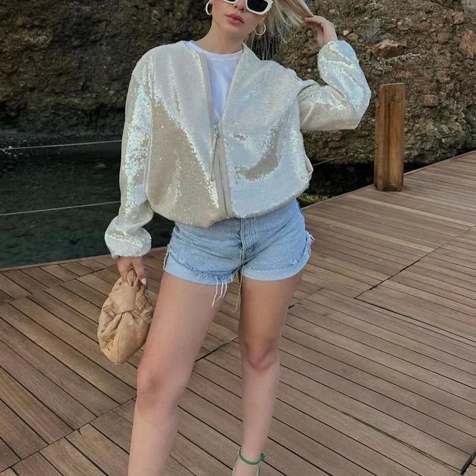 Fashion Beige Sequined Elegant Oversized Zipper Bomber Ladies Female 2024 Spring Loose Outwear Jacket