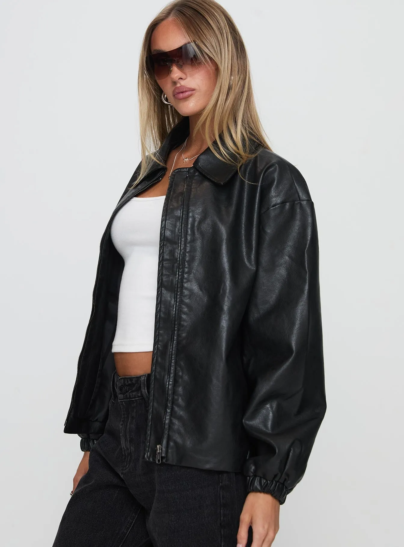 Fashionkova Missed Call Faux Leather Bomber Jacket Black