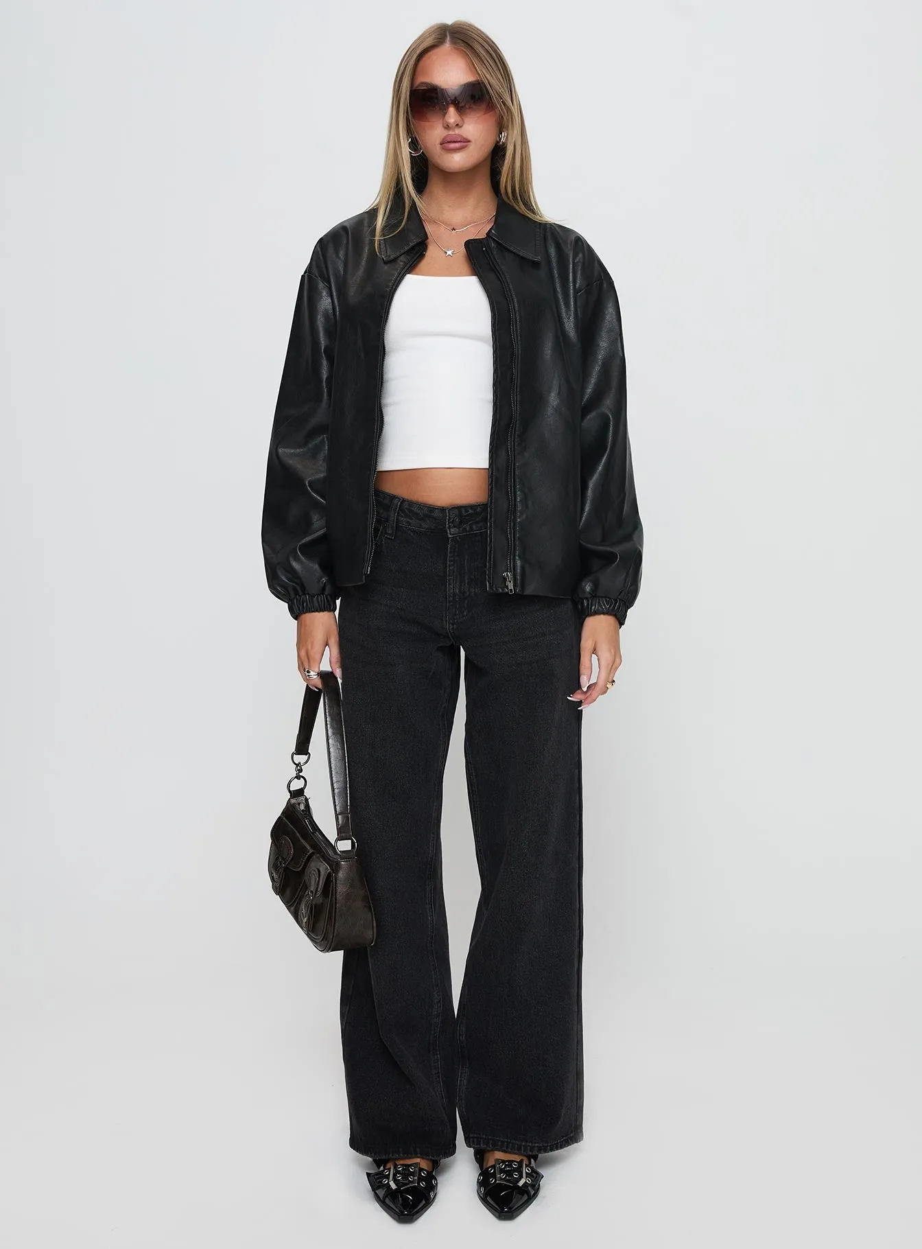 Fashionkova Missed Call Faux Leather Bomber Jacket Black