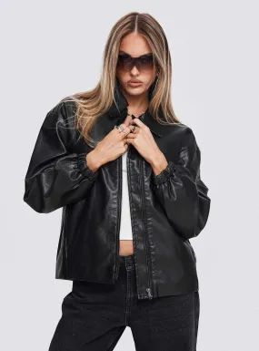 Fashionkova Missed Call Faux Leather Bomber Jacket Black