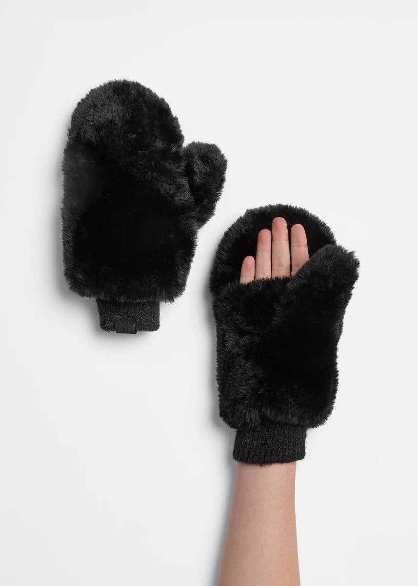 Faux-Fur Mittens - Black