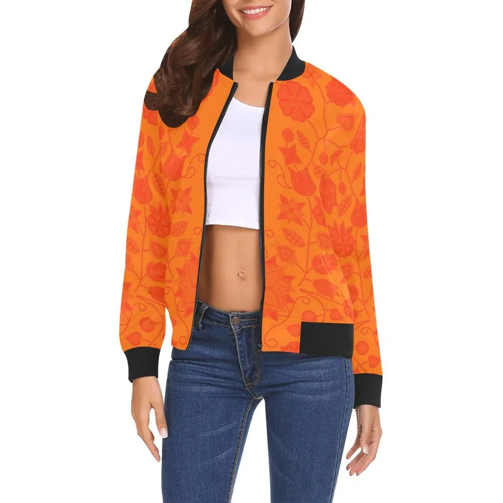 Floral Beadwork Real Orange Bomber Jacket for Women