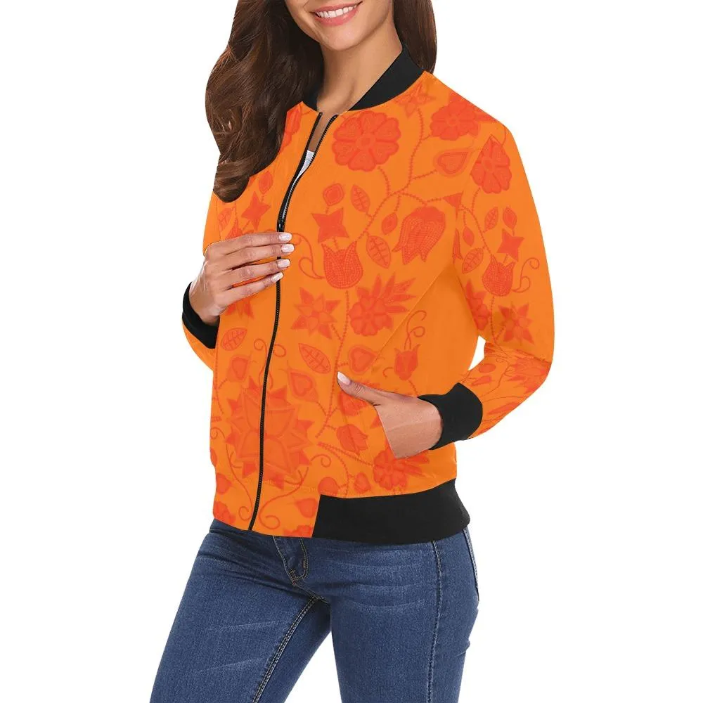 Floral Beadwork Real Orange Bomber Jacket for Women