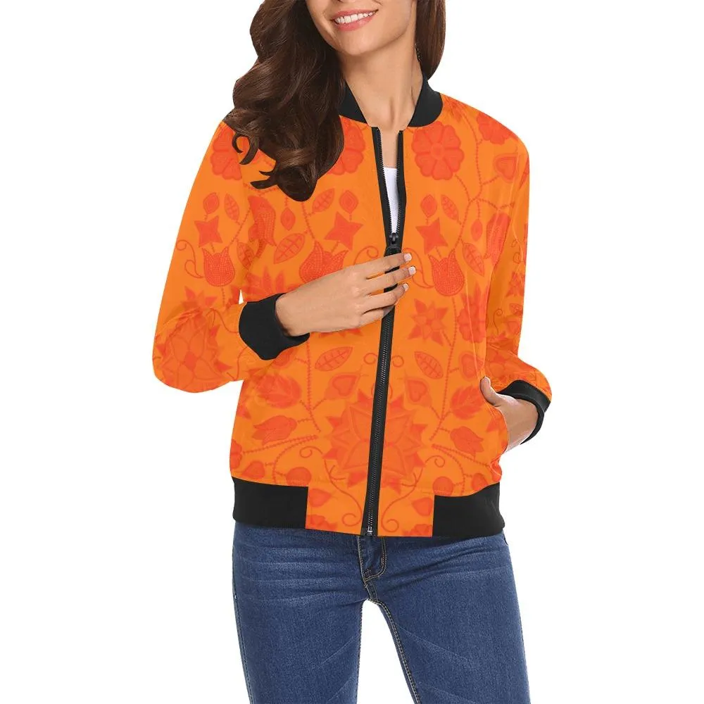 Floral Beadwork Real Orange Bomber Jacket for Women