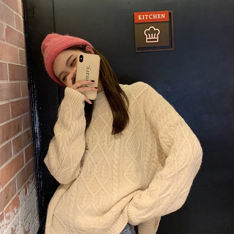 Flytonn-Fall Outfits Women Outwear Streetwear -women fall outfits high street ins style  fall outfits women Knitwear Coat New Korean Style Loose Thickened round Neck Pullover Lazy Twist Sweater for Women