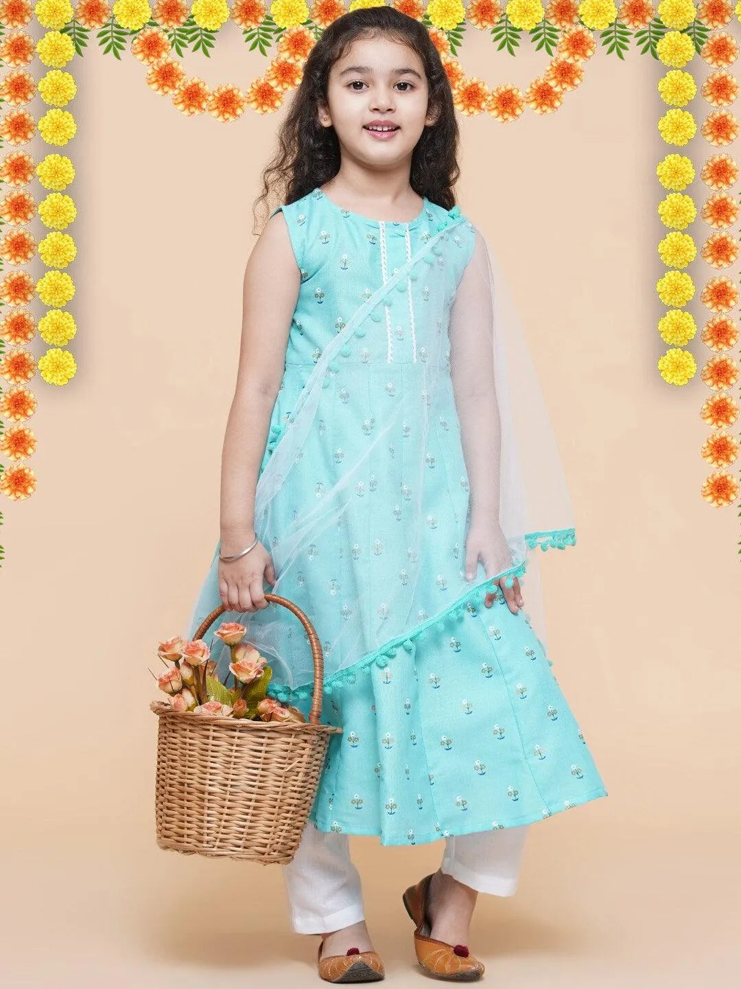 Girl's Blue Floral Printed Empire Kurta with Trousers & With Dupatta - NOZ2TOZ KIDS