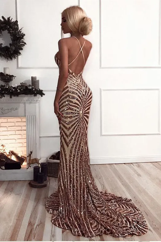 Glitter Mermaid Sequins Long Prom Dress Backless Evening Dress OP294