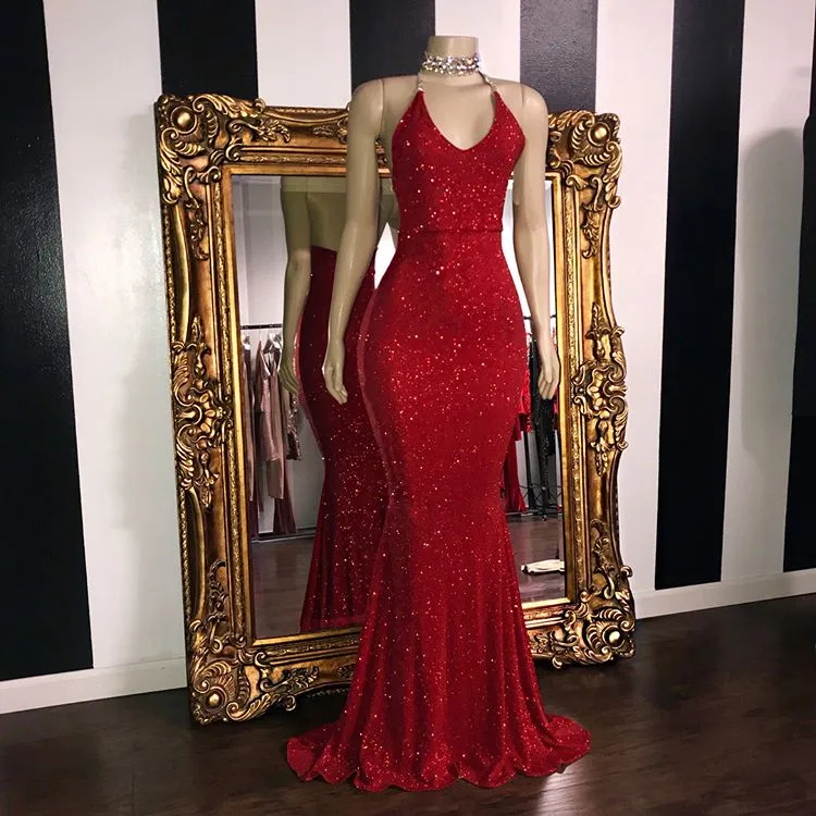 Glitter Sheath Mermaid Backless Halter Beading Long Party Prom Dresses Y0020