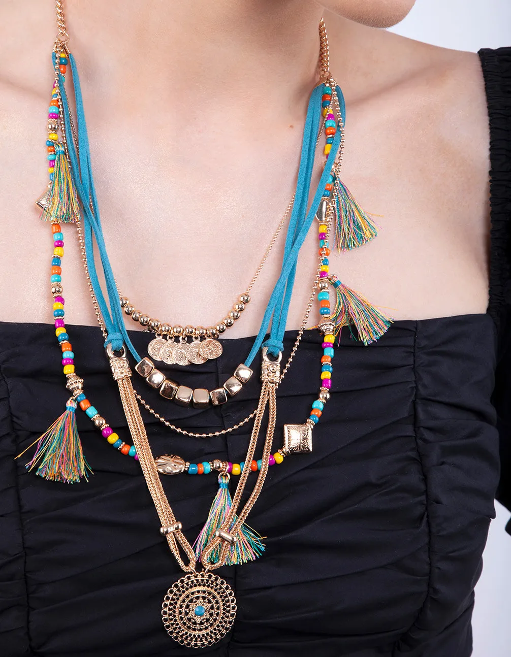 Gold Blue Bohemian Layered Necklace