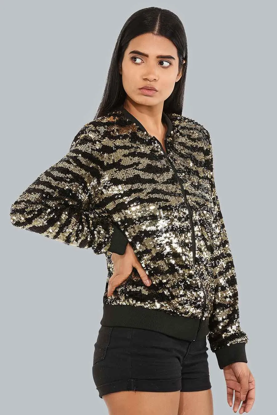 Gold Tiger Print Bomber Jacket