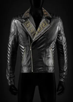 Golden Silver Studded Mens Black Cowhide Leather Jacket