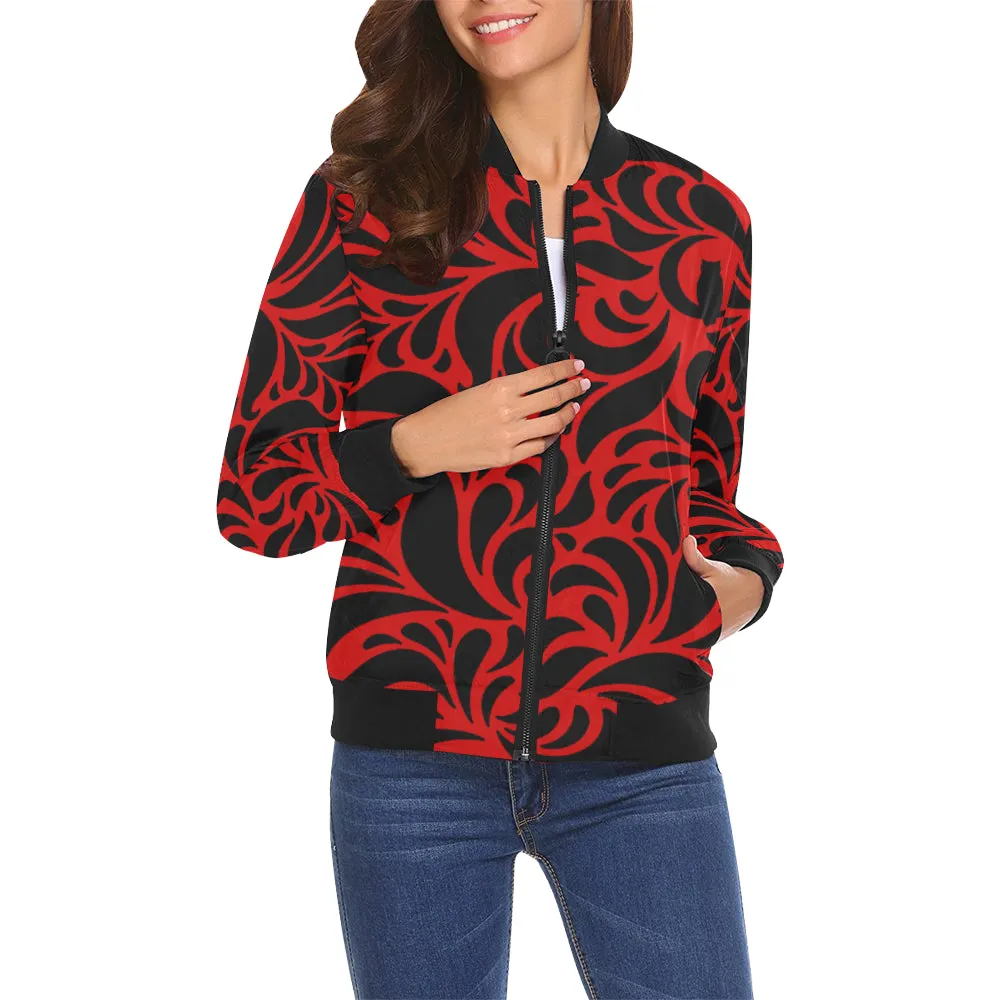 GORGIOUS LEAF RED All Over Print Bomber Jacket for Women