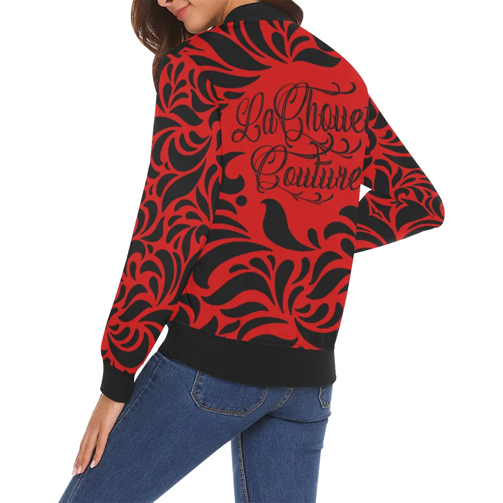 GORGIOUS LEAF RED All Over Print Bomber Jacket for Women