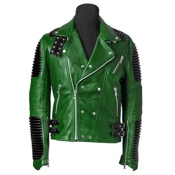 Green Black Moto Ribbed Letaher Jacket, Stylish Fashion Biker Leather Jacket