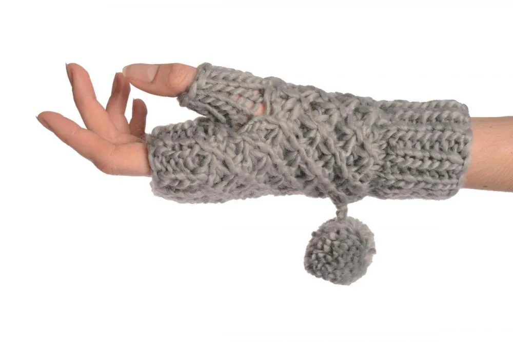 Grey Knitted Fingerless Mittens With Pompons