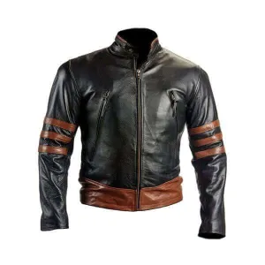 Handmade Black Leather Slim Fit Biker Style Brown X-MEN Wolverine Jacket