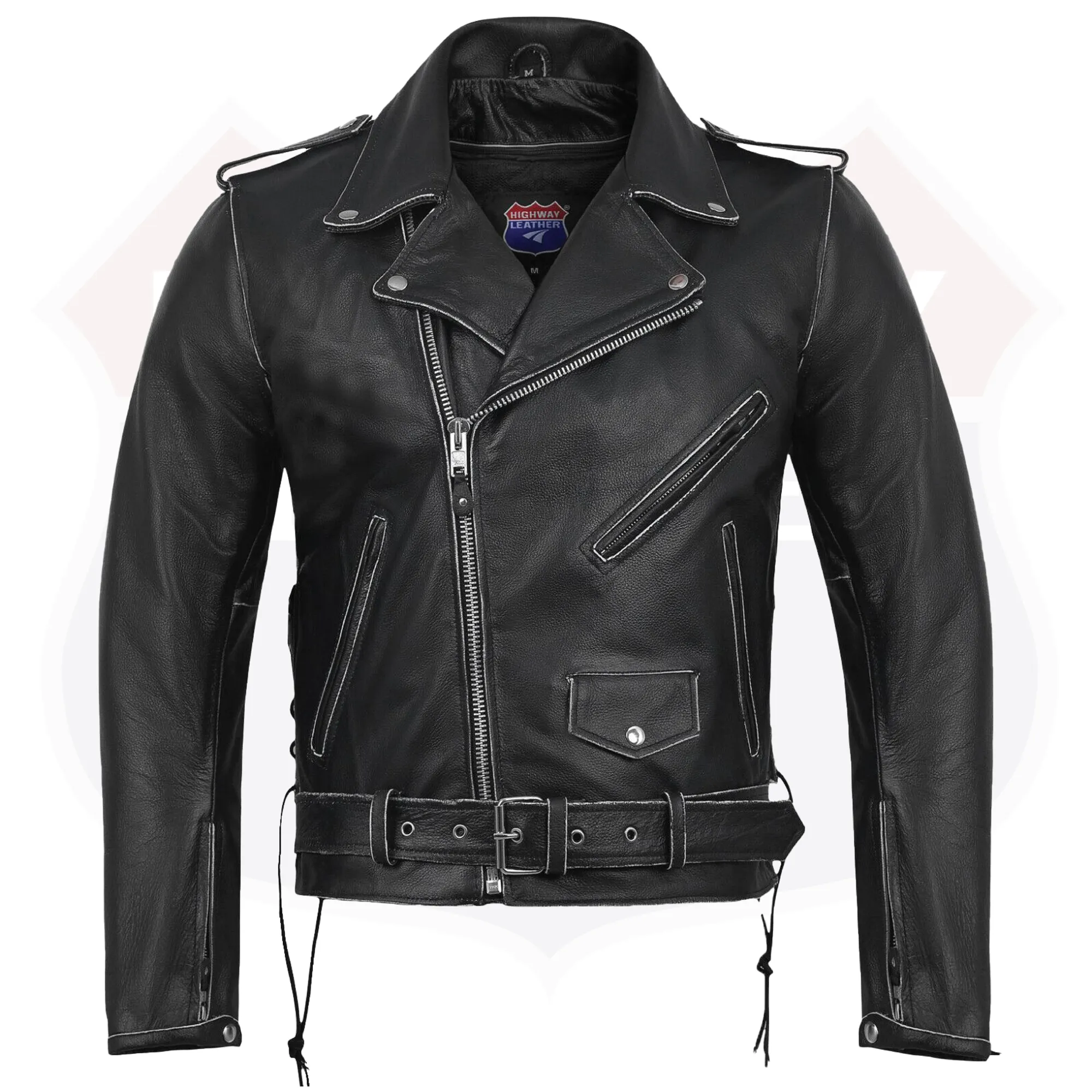 HL10205BLACK Old School Police Style Motorcycle Leather Jacket