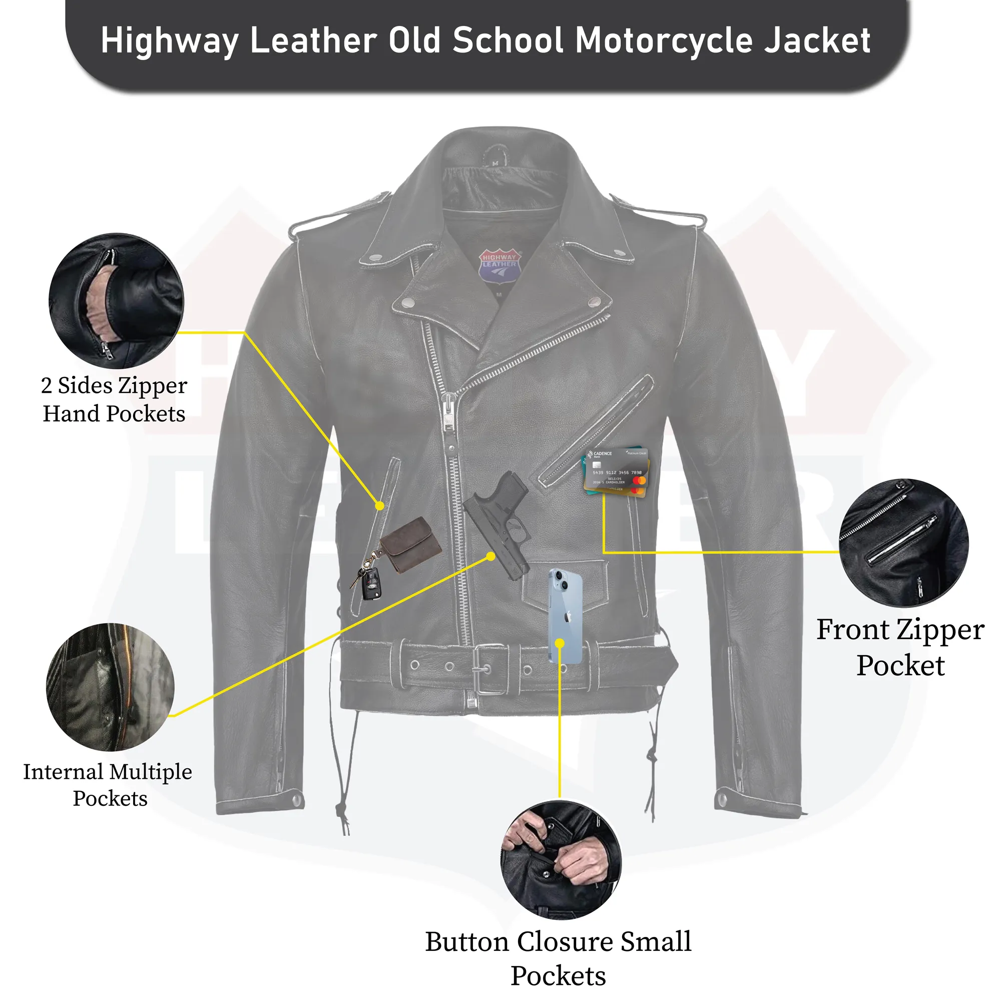 HL10205BLACK Old School Police Style Motorcycle Leather Jacket