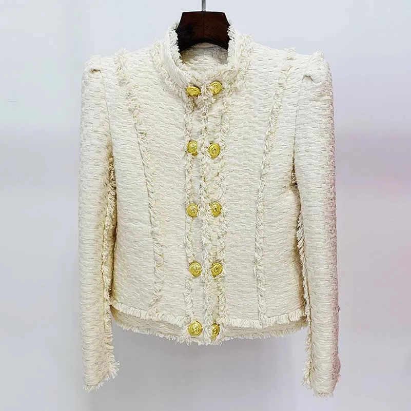 Ivory Tweed Jacket Side-To-Side Gold Buttons Coat