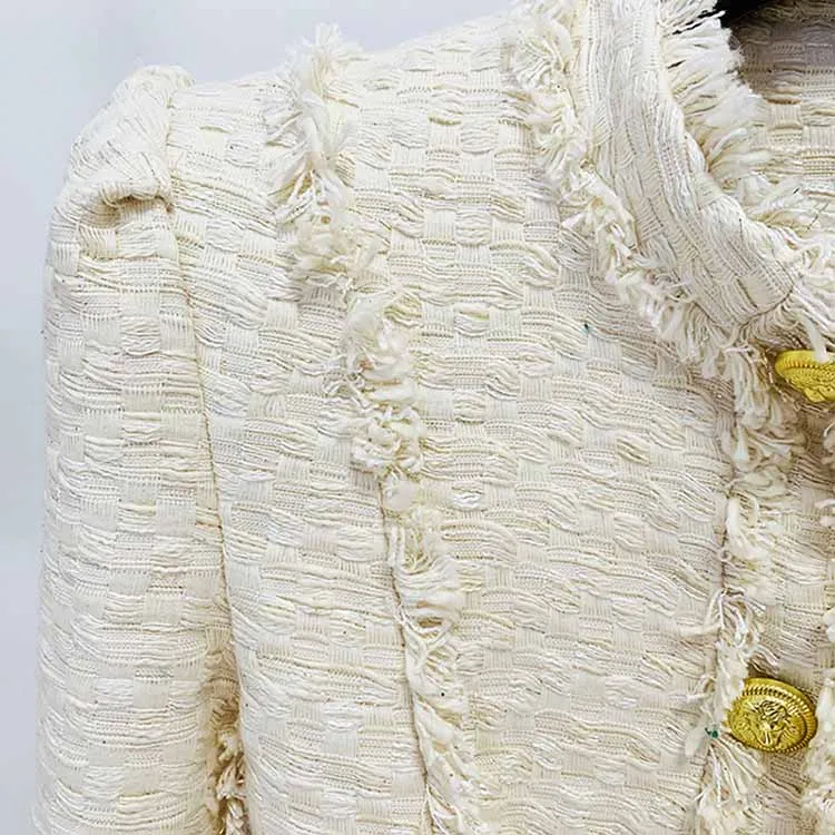 Ivory Tweed Jacket Side-To-Side Gold Buttons Coat