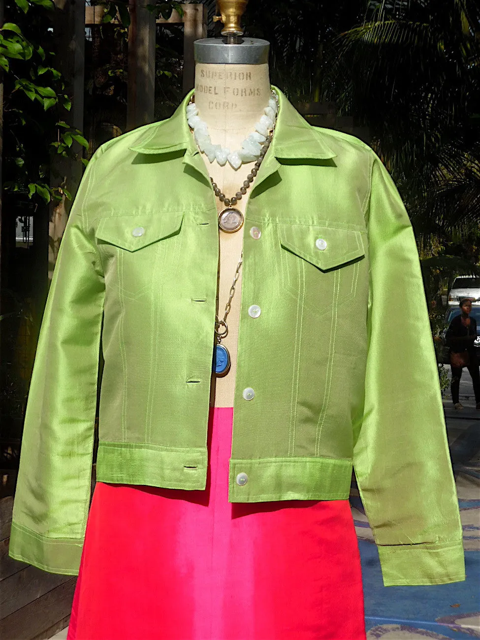 Jean Jacket Thai Silk And Mother Of Pearl Lime Candy Pink