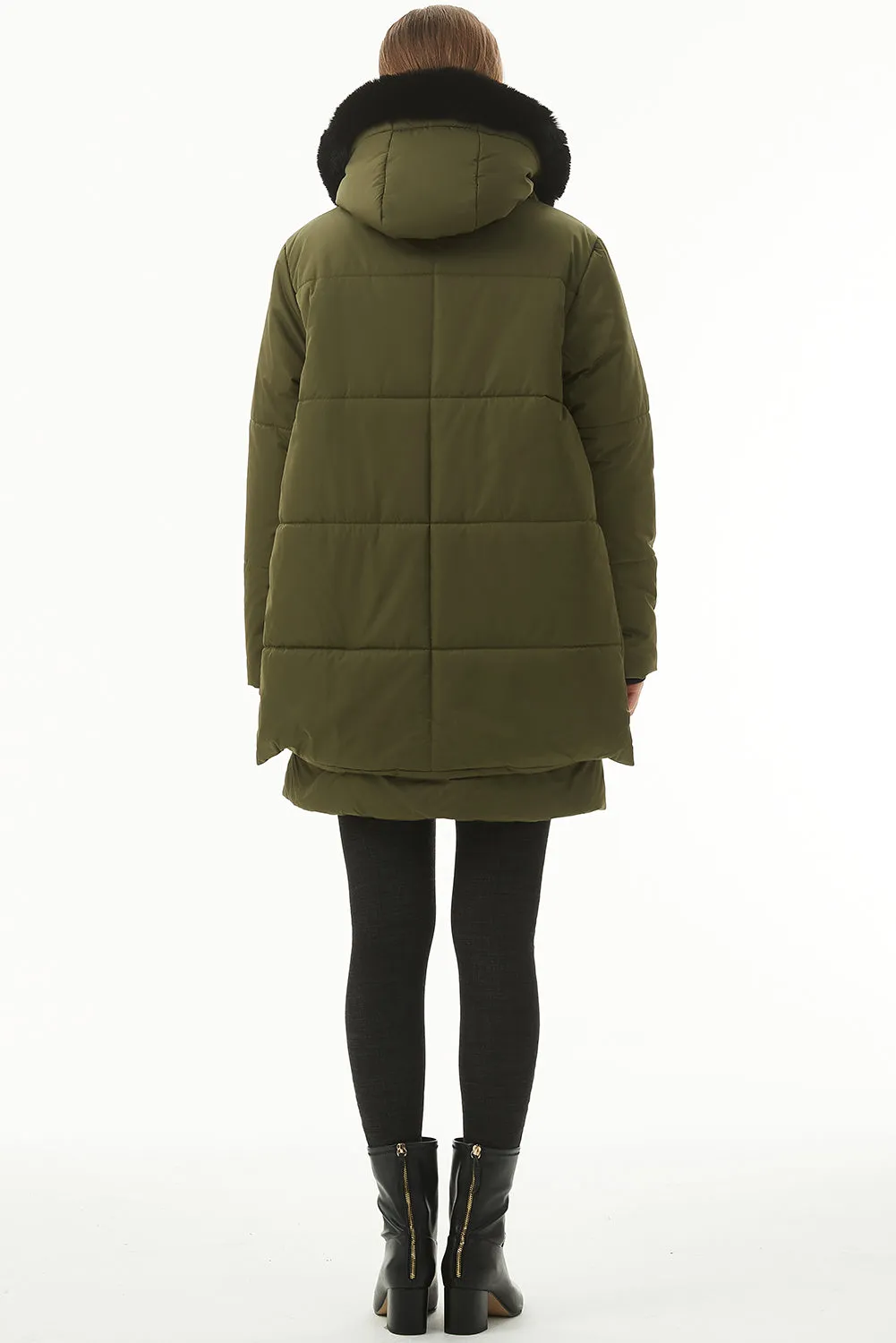 Jungle Green Plush Linen Zip Up Hooded Puffer Coat