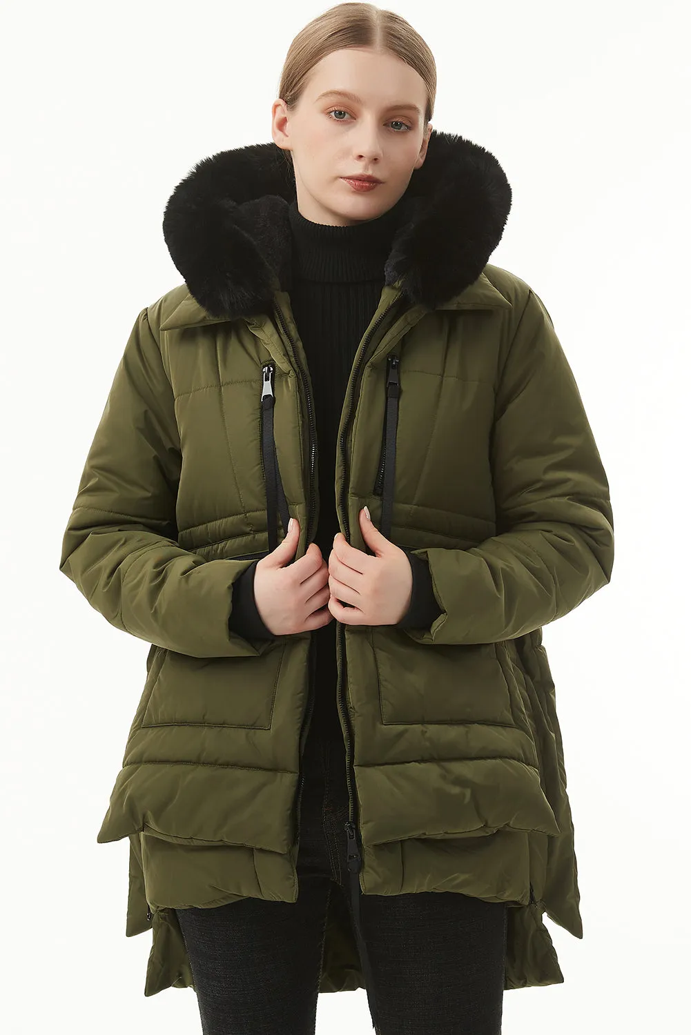 Jungle Green Plush Linen Zip Up Hooded Puffer Coat