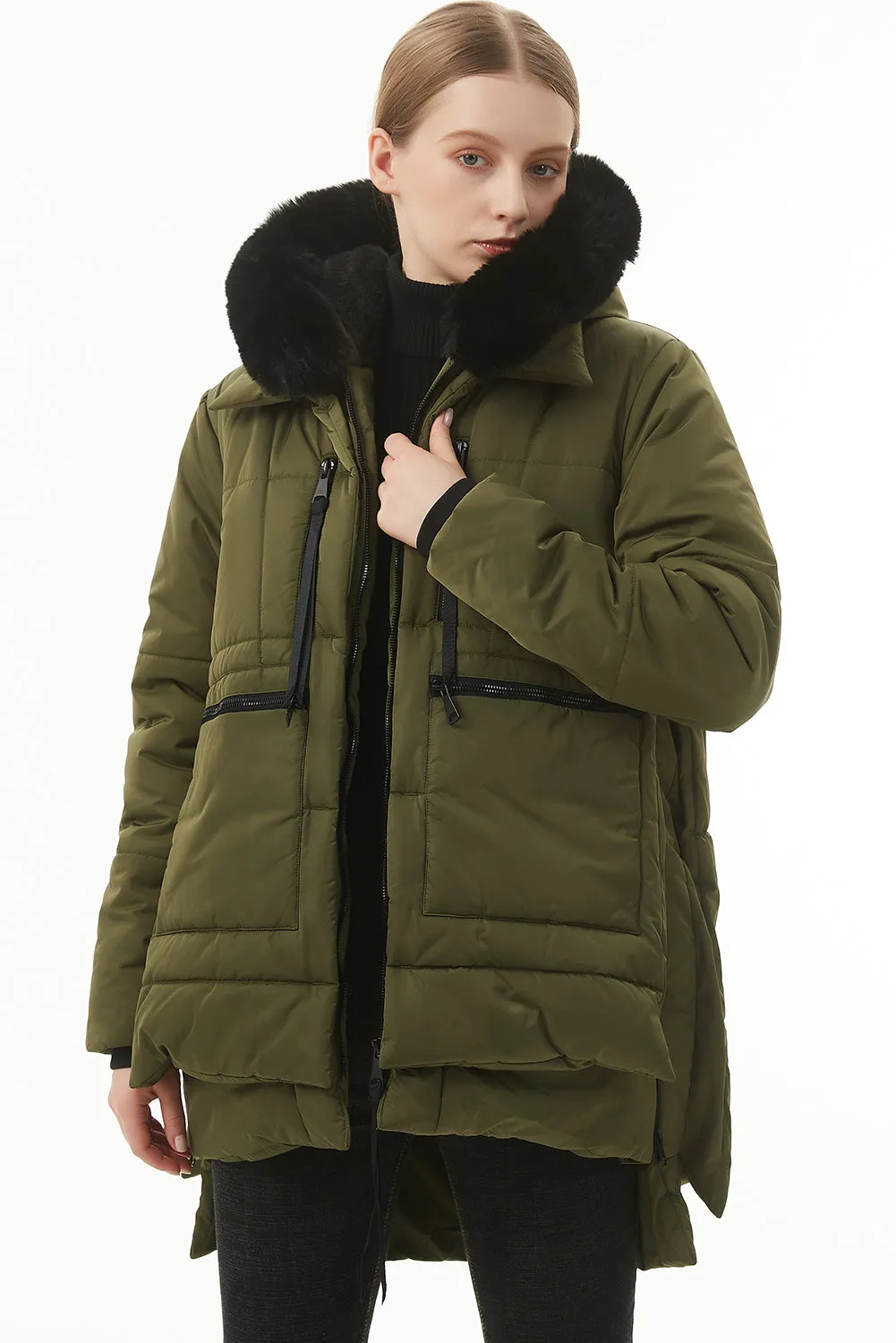 Jungle Green Plush Linen Zip Up Hooded Puffer Coat