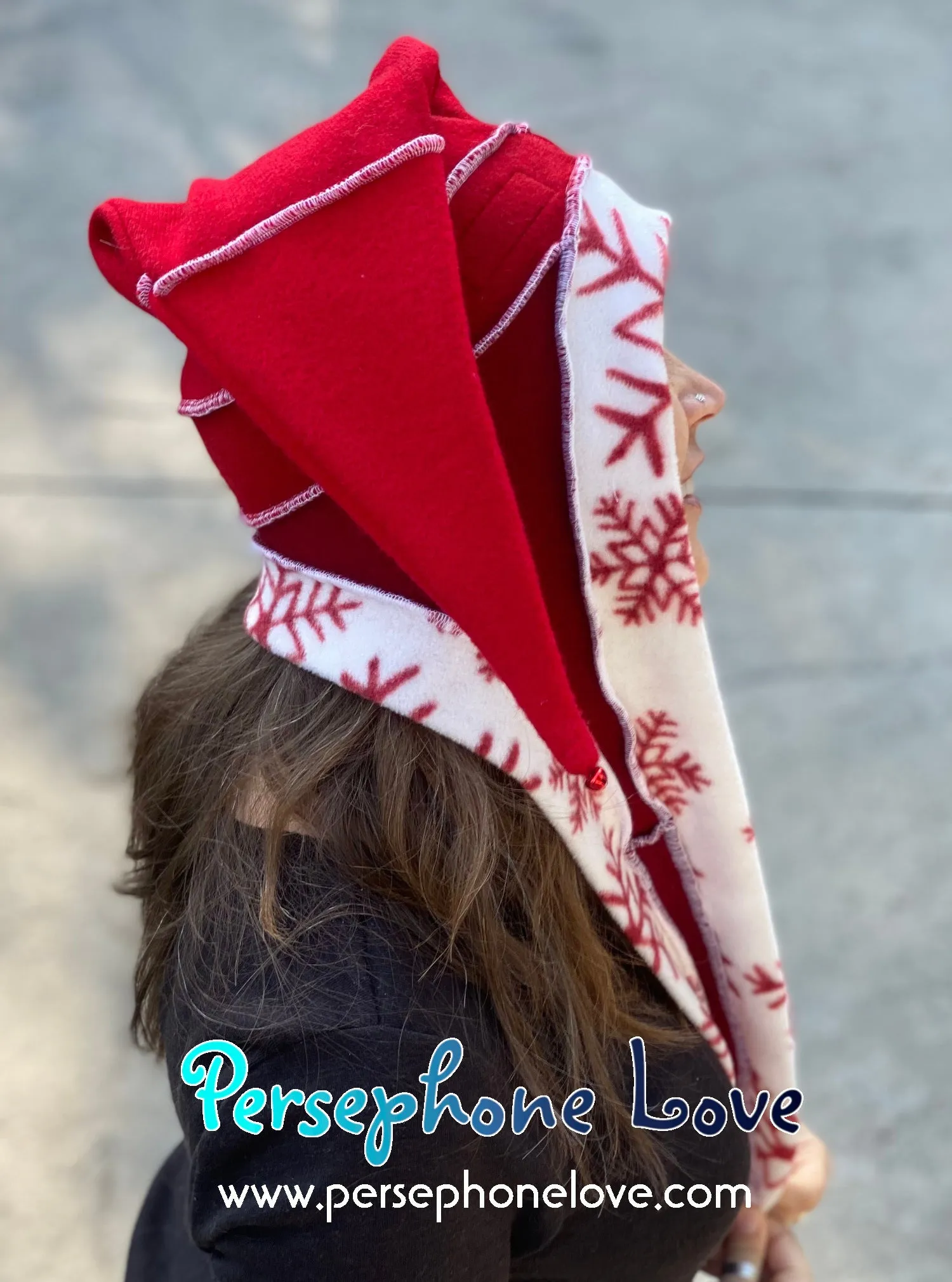 Katwise inspired red white snowflake felted 100% cashmere/fleece recycled sweater elf hat-1441