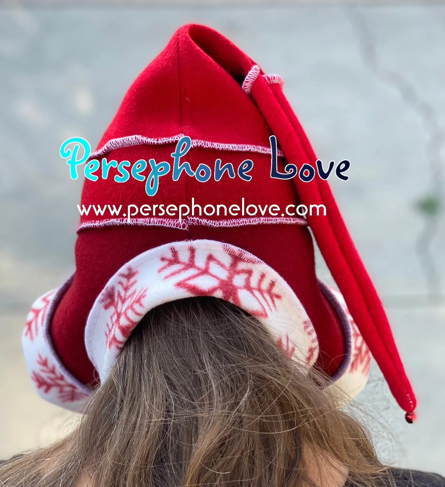 Katwise inspired red white snowflake felted 100% cashmere/fleece recycled sweater elf hat-1441