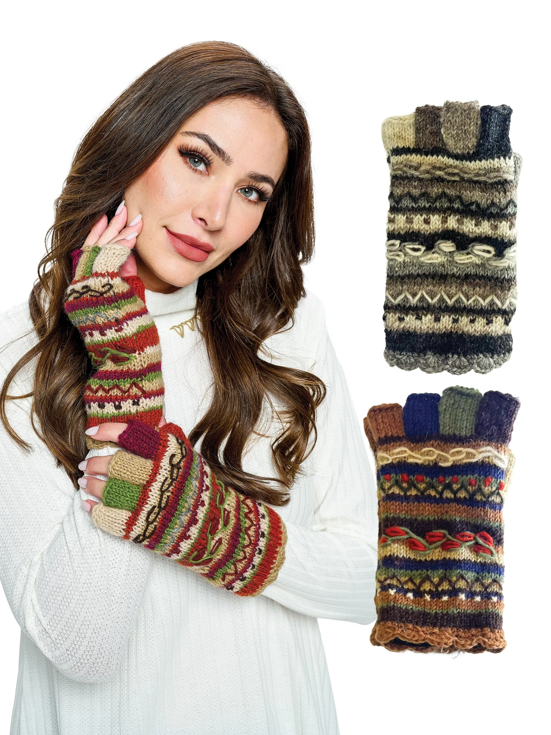 Knit Fingerless Gloves Striped Embroidery Details