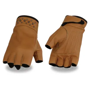 Ladies Leather Fingerless Glove w/ Gel Pam & Rivet Detailing