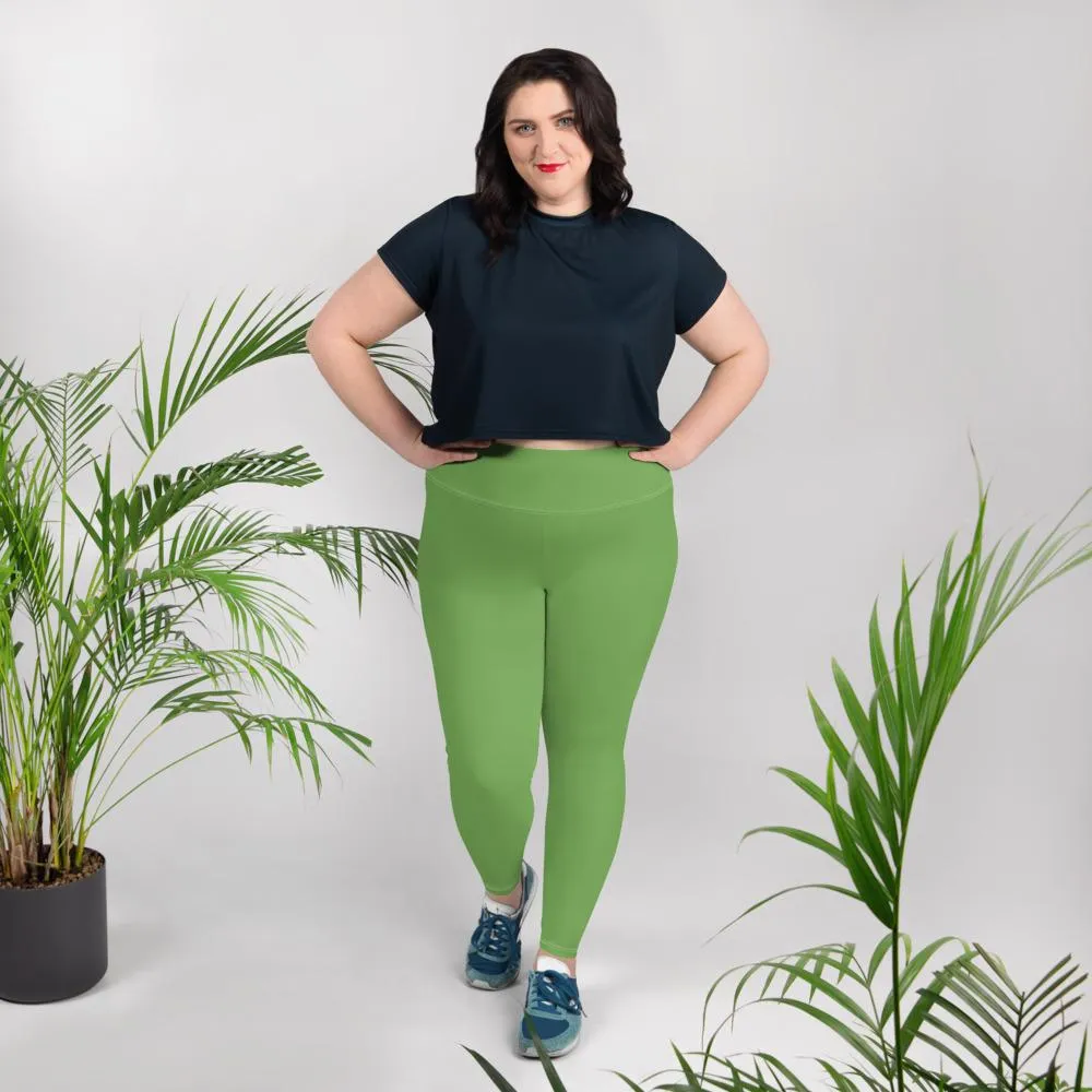 Leaf Green Solid Color Tights, Modern Premium Best Women's Plus Size Leggings- Made in USA/EU