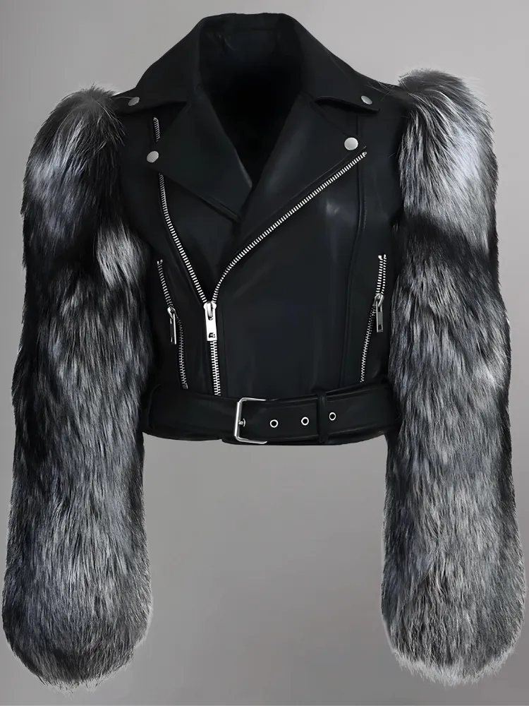 Leather Biker Jacket With Fluffy Fur Sleeves