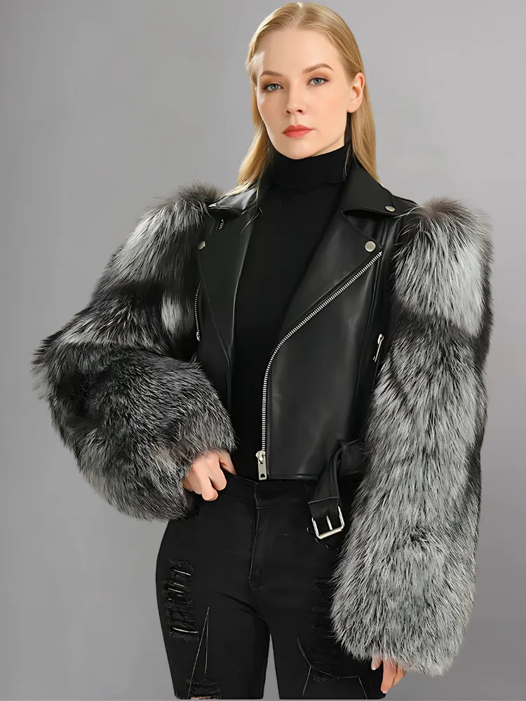 Leather Biker Jacket With Fluffy Fur Sleeves